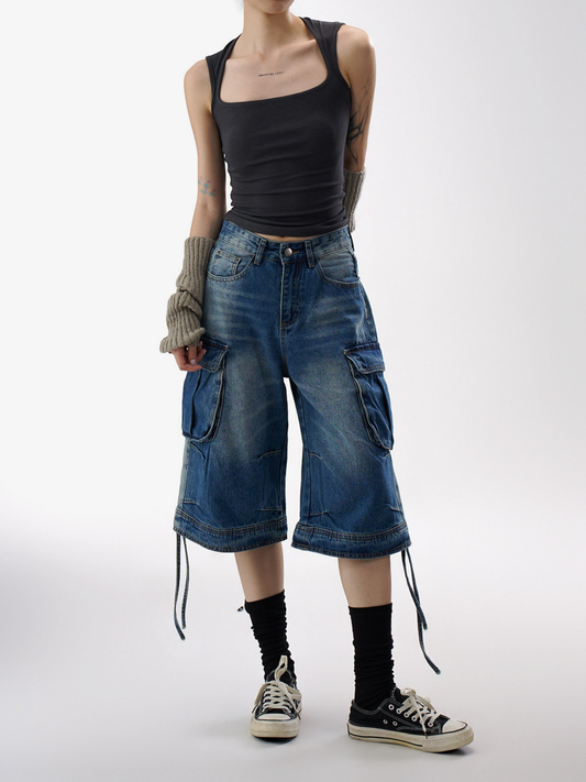 BasicLine - Women's Multi-Pocket Denim Cargo Cropped Pants