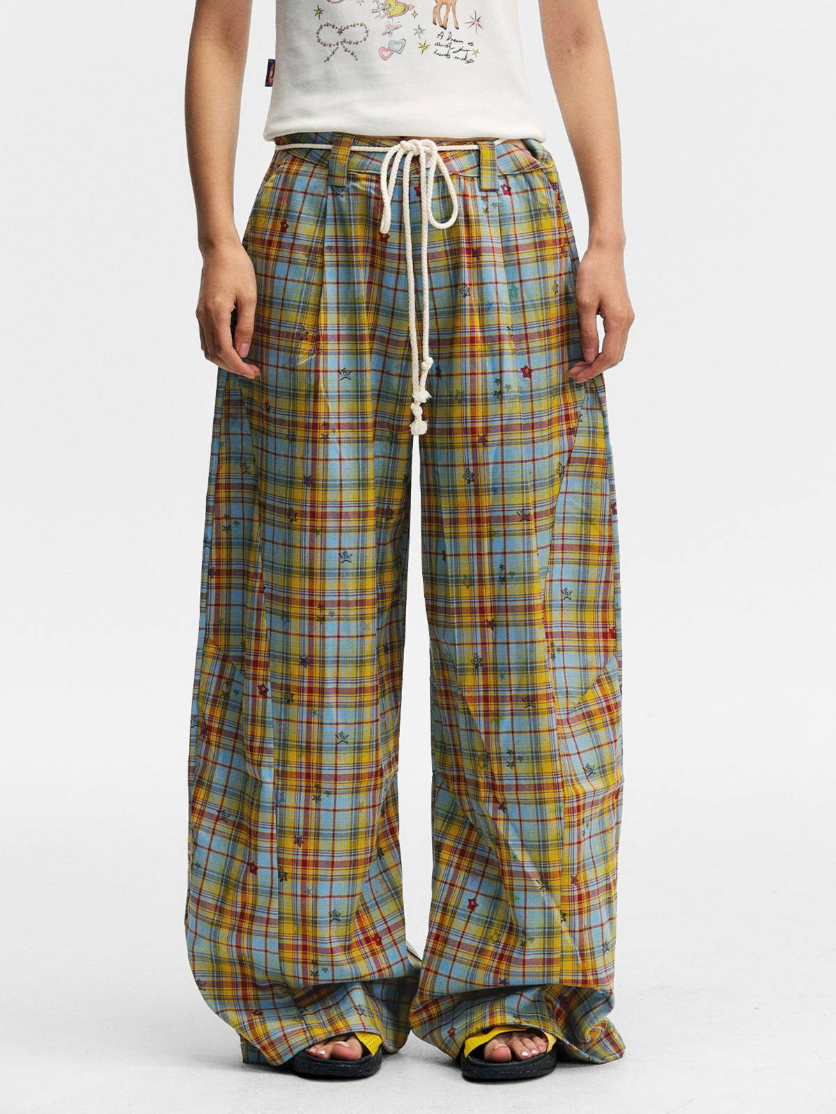 Ashlight - Women's Star Plaid Print Lightweight Drawstring Pants
