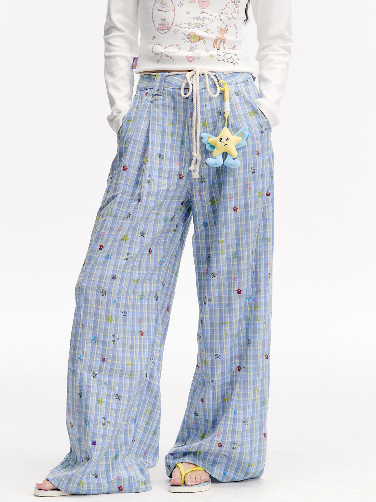 Ashlight - Women's Star Plaid Print Lightweight Drawstring Pants